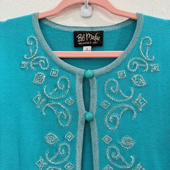 Bob Mackie Wearable Art Women's Size Large Embroidered Blue Cardigan Sweater - Picture 2 of 9